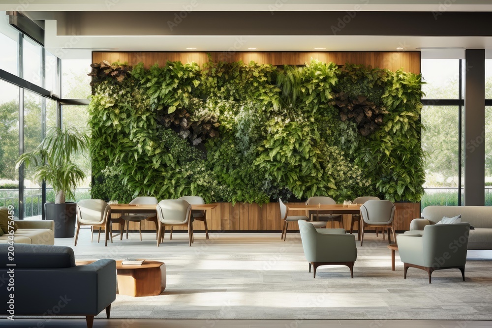 Fototapeta premium Luminous lounge area presenting a biophilic vertical garden creating a refreshing, welcoming space