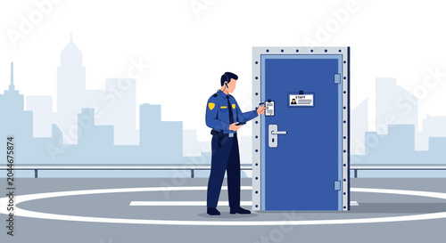 Security Guard at Secure Door, Cityscape Background, Access Control