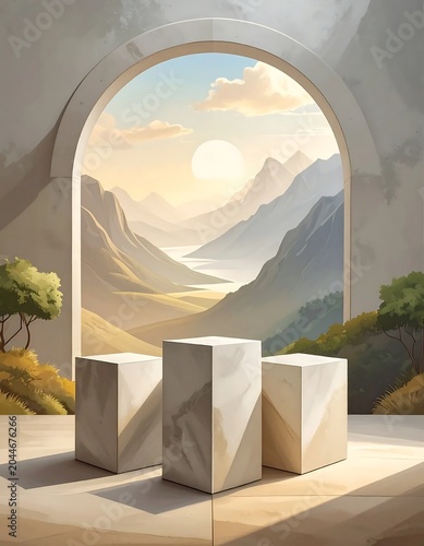 Minimal Marble Podium Display in Sunlit Mountain Archway Landscape