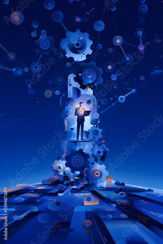 Businessman managing data and system processes on a laptop, standing on a platform of gears and digital connections, representing innovation in global technology
