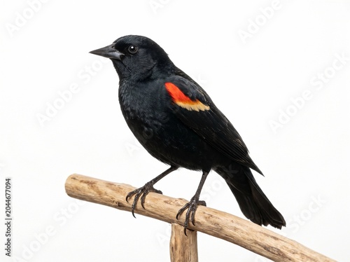 Male Red-winged Blackbird Perched on a Branch Isolated on White