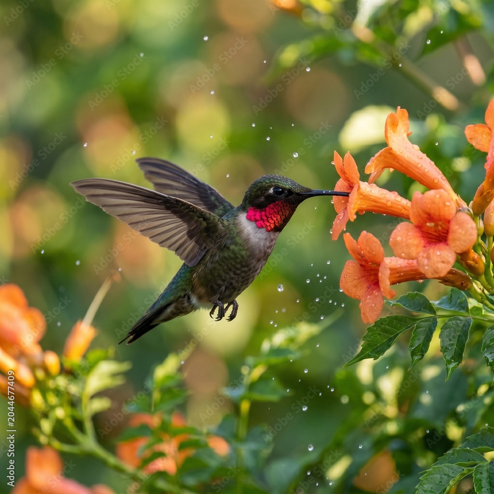 Fototapeta premium Ruby-throated Hummingbird Hovering Near Orange Trumpet Flowers