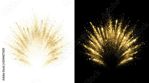 Golden Burst Explosion: A radiant golden powder explosion bursts forth with sparkling particles against both white and black backgrounds, creating a dynamic and celebratory visual.