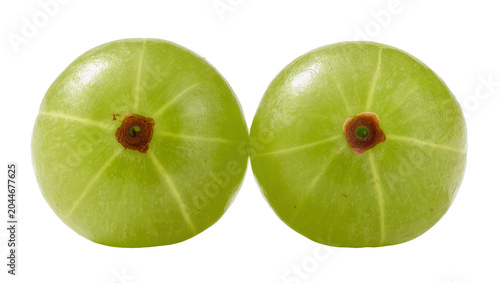 Foto Two green gooseberries with visible segments and brown calyx
