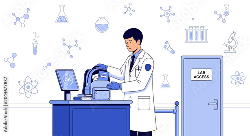 Scientist packing backpack at laboratory desk, science icons background