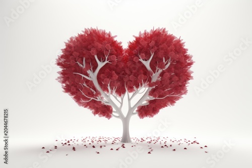 Red leaves forming a heart shape on a white tree trunk with scattered petals