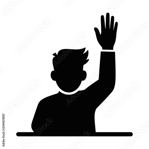 Cuadro en lienzo Schoolboy silhouette raises a hand to participate in class within a bold graphic icon format