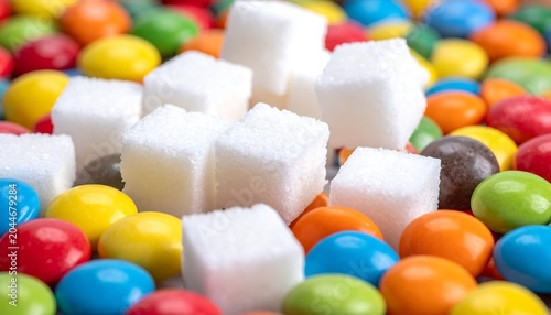 Colorful candies and stacked sugar cubes, filling the frame. Macro shot of sweets against a blue surface background