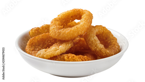 Crispy golden onion rings piled in a white bowl