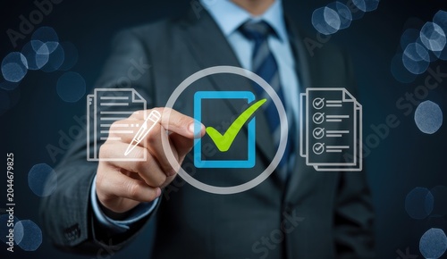 Businessman holding virtual document signing icon for digital business verification and approval process.