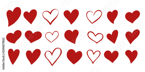 Red hand-drawn hearts collection on white background, symbols of love