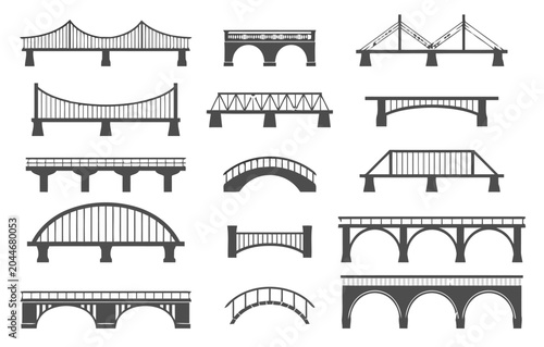 Collection of architectural bridge silhouettes, diverse designs