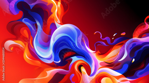 Abstract liquid art featuring an array of vibrant blue, orange, red, and purple waves harmoniously blending, forming an energetic flow of color and motion