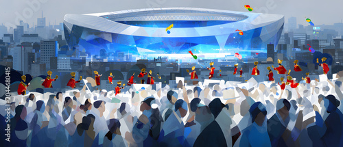 Crowd celebrating an event with people looking at confetti and red figures floating above, a modern illuminated stadium in the background against a city skyline