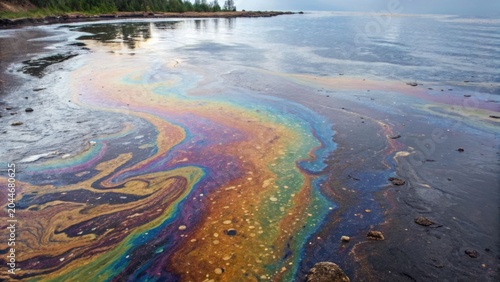 Schilderij op canvas An oil spill on water near a shoreline, showing rainbow-colored slicks and pollution affecting a coastal environment