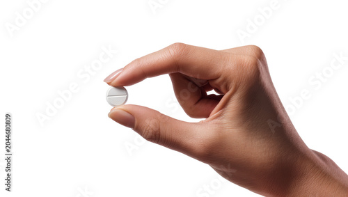 Fotografi Fingers holding small white round pill with score line
