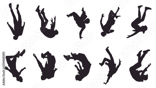 Silhouette figures tumbling in action, dynamic movement compilation