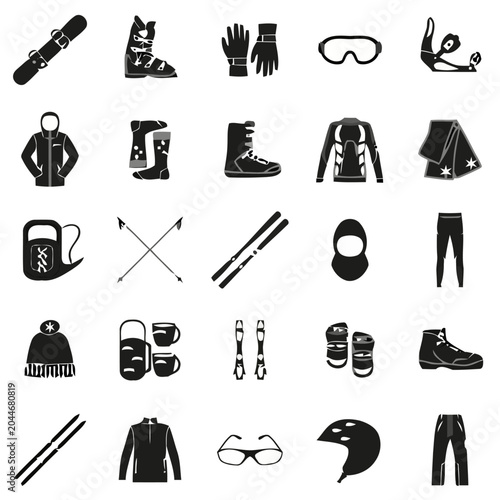 Winter sports gear icons, minimal vector set