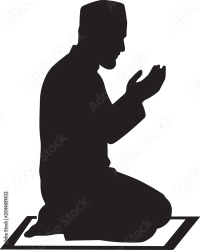 A black silhouette of a man kneeling on a prayer mat while praying with hands raised in supplication, isolated on a white background, for religious and, spiritual themes