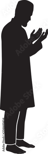 A black silhouette of a man standing while praying with hands raised in supplication, depicted in a traditional outfit, isolated on a white background, for religious