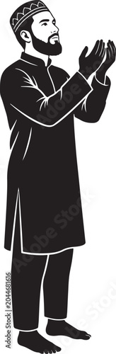 A detailed black and white of a man wearing a traditional cap and outfit while praying with hands raised in supplication, isolated on a white background, for religious