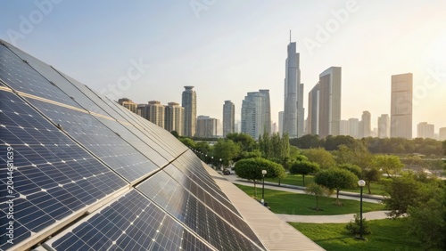 Solar panels installed near a modern city skyline with skyscrapers and green parkland under a clear sky.