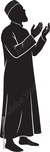Black silhouette of a muslim man standing and praying with hands raised in supplication, isolated on a white background, for religious concepts