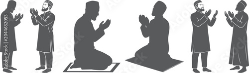 Set of black silhouettes showing muslim men in various prayer positions, standing and kneeling on rugs, isolated on a white background, for religious themes