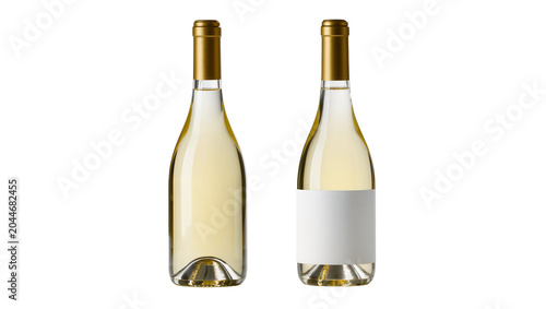 Fotografie Two clear glass bottles of white wine with gold caps and blank labels