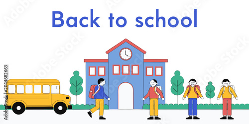 Bild auf Leinwand Back to school banner with children walking to colorful school building
