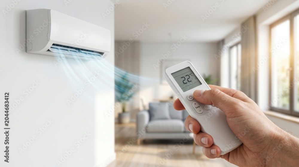Fototapeta premium Remote control adjusting air conditioner to 22°C in a modern living room during hot summer weather. Home cooling, indoor comfort, energy efficiency and climate control