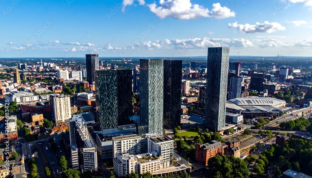 Obraz premium Modern Glass Skyscraper Cluster Rising Above Dense Urban District Under Blue Sky
