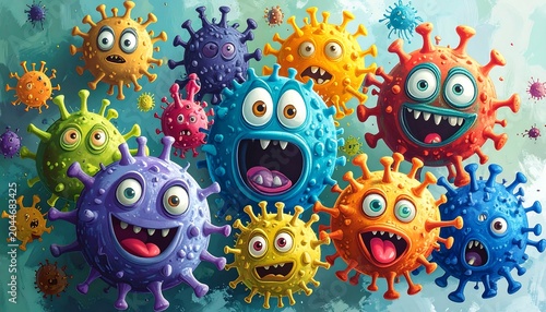 Colorful, cartoonish germs with expressive faces against a blurred teal background