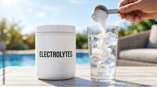 Electrolyte powder being mixed into cold water with ice on a hot summer day. Hydration drink for electrolyte replenishment, fluid replacement, dehydration prevention, sports recovery