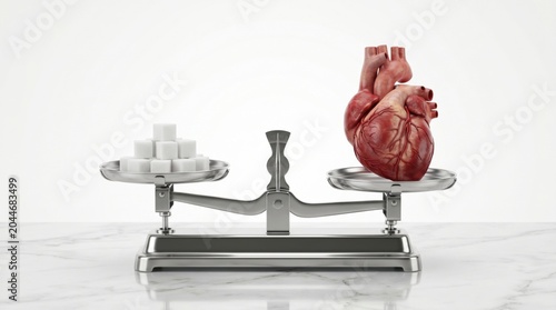 Sugar and human heart balanced on a scale, symbolizing the impact of dietary sugar on cardiovascular health, diabetes risk, nutrition awareness, and healthy lifestyle choices