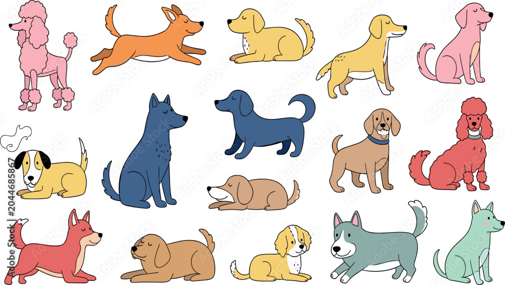 Obraz premium Cute Cartoon Dog Collection Set with Different Breeds Puppies in Sitting Running and Playing Poses Vector Illustration Bundle