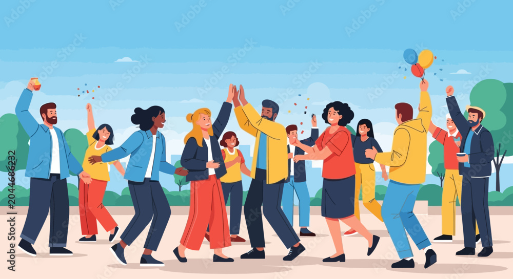 Obraz premium People celebrating a Victory Day with joyful movements outdoors
