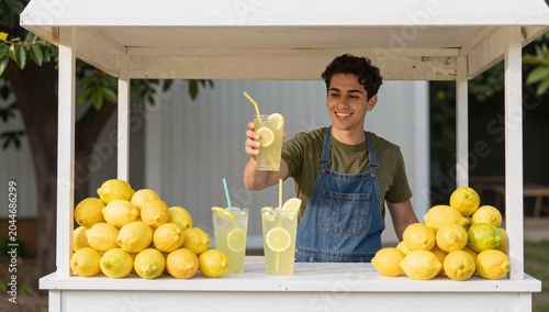 Smiling vendor stands at white lemonade stand holding glass of fresh drink for customer