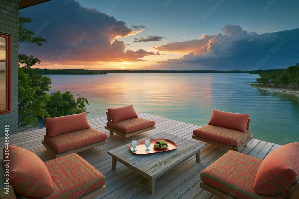 Fototapeta premium Sunset lake deck with coral lounge seats for waterfront wallpaper and outdoor relaxation banner design for vacation settings