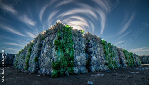 фотографія A large pile of compressed plastic bottles for recycling under a dramatic, swirling blue sky