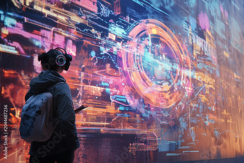 Girl with headphones listening to music in the city integrates holographic technology and internet into the modern futuristic business world