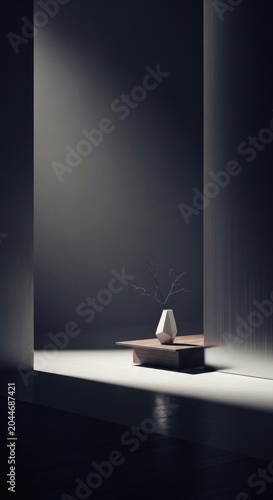 Minimalist Composition - A Single Vase on a Wooden Table in Dramatic Lighting.