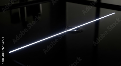 Minimalist illuminated linear light fixture against a dark background, modern design.