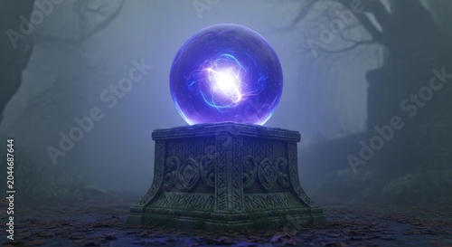 Mystical Orb of Energy Glowing Brightly on Stone Pedestal in Forest.