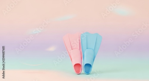 Pair of Pink and Blue Flippers Against Pastel Background.