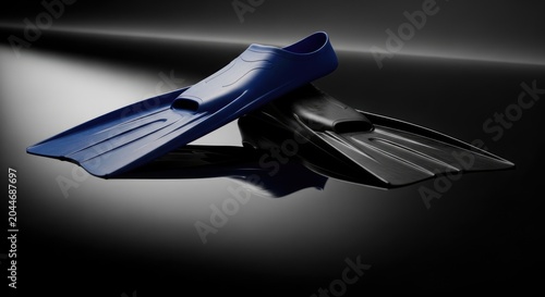 Pair of Blue and Black Scuba Diving Fins on Black Surface.