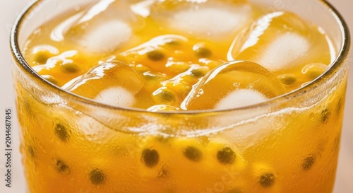Refreshing Passion Fruit Juice with Ice Cubes in a Glass.