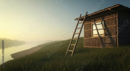 Rustic wooden hut on a grassy hill overlooking a misty river at dawn.
