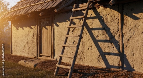 Rustic Wooden Ladder Leaning Against Old Mud Hut in Sunlight.