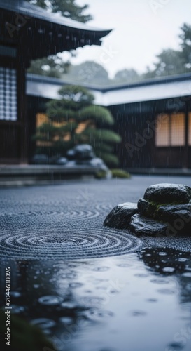 Serene Japanese Garden with Raked Gravel and Traditional Architecture.